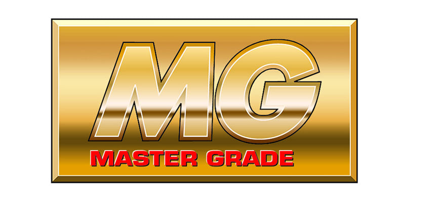 Gold Background with the letters "MG" in the middle and the words underneath in red read "MASTER GRADE"