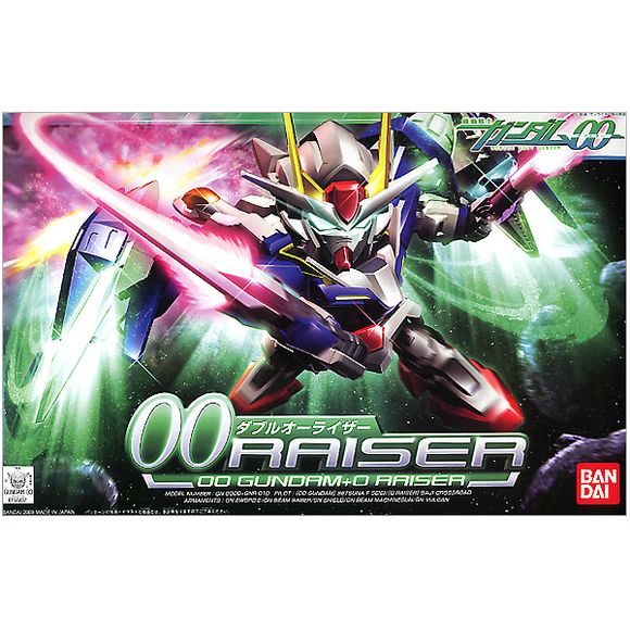 A BB Senshi version of the 00 Raiser with original features for added play value. Not only can the O-Raiser and 00 Gundam be docked - they can also be formed into all-new BB Senshi original modes, including Bird Mode, Fighter Mode, and Rider Mode. GN Sword II includes effect parts for beam saber mode. Includes 2 GN Swords and 2 GN Shield II units.