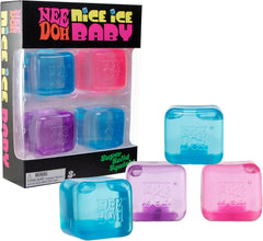 Double the fun with the authentic NeeDoh® Nice Ice Baby 4-Pack! These mini ice cube-inspired sensory fidget toys feature NeeDoh's signature super-solid squeeze material in a fun, translucent design. Each cube feels soft when squeezed slowly and firmer with a quick squeeze, creating a uniquely satisfying sensory experience. This pack includes 4 teenie-sized cubes in an assortment of blue, pink, and purple translucent colors, making them perfect for sharing, party favors, stocking stuffers, or keeping at home