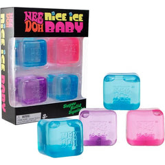 Double the fun with the authentic NeeDoh® Nice Ice Baby 4-Pack! These mini ice cube-inspired sensory fidget toys feature NeeDoh's signature super-solid squeeze material in a fun, translucent design. Each cube feels soft when squeezed slowly and firmer with a quick squeeze, creating a uniquely satisfying sensory experience. This pack includes 4 teenie-sized cubes in an assortment of blue, pink, and purple translucent colors, making them perfect for sharing, party favors, stocking stuffers, or keeping at home