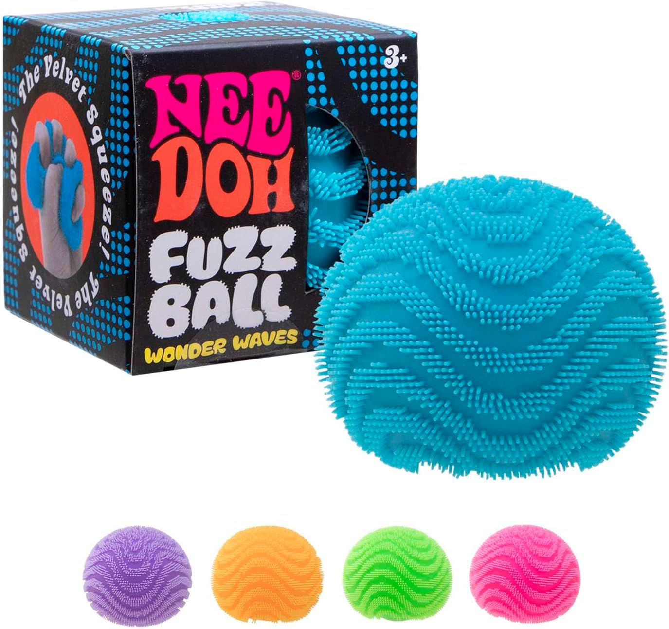 Experience a whole new level of sensory satisfaction with the authentic NeeDoh® Fuzz Ball Wonder Waves! This unique stress ball combines NeeDoh's signature soft, cloud-like squeeze with an ultra-soft fuzzy texture and raised wave pattern for an incredibly soothing tactile experience. The velvety surface feels amazing in your hands while the squishy filling slowly returns to its original shape after every squeeze. Available in four vibrant colors—blue, green, orange, or purple—each Fuzz Ball is individually
