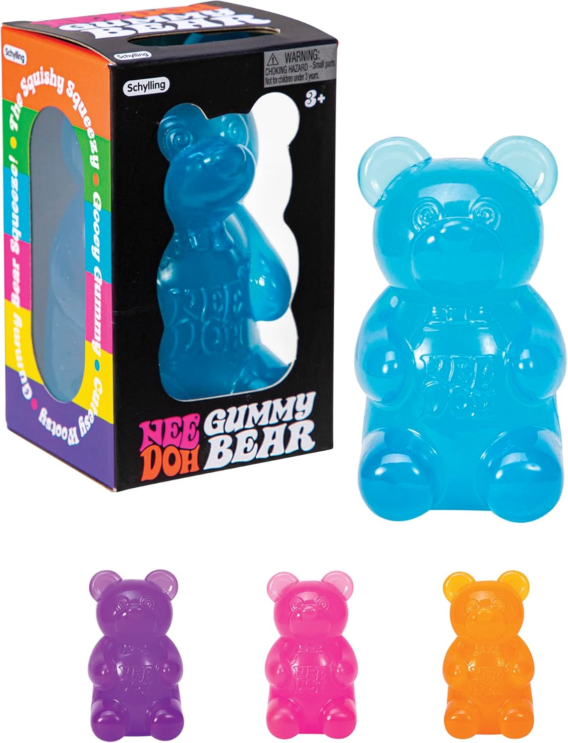 NeeDoh Gummy Bear is as scrumptious-looking as it is squishy. In comes the gooey goodness of a gummy bear, with a super-sized squeeze! Just pull, squeeze, or smush this tactile treat and the sweet squish will soothe your soul. Wacky style eyes and a cute bowtie make these giant gummies come to life. At 3.5 inches tall, this jumbo gummy bear provides endless, wonder-filled play. Enter a world of pure sweet satisfaction with NeeDoh Gummy Bear. They look almost good enough to eat, but so much better to squish!
