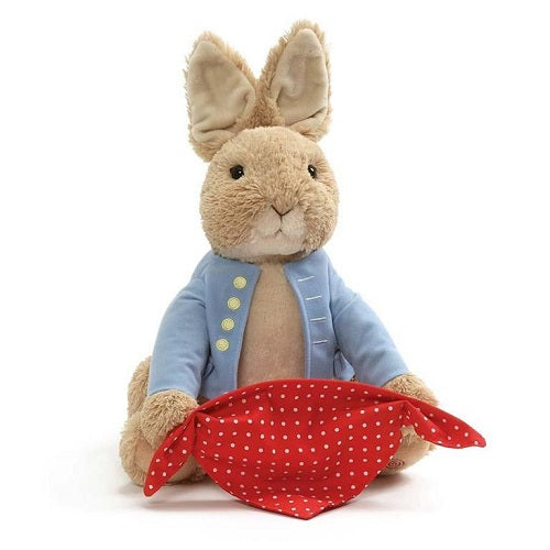 Beatrix Potter's classic Peter Rabbit has his signature red handkerchief out and ready to play a game with you! This 10-inch classically designed animated Peter Rabbit features his well-known blue jacket and special movable arms that activate at the push of a button on his left foot. Peter speaks with an adorable British accent and hides behind his hanky before popping back out to delight baby with an interactive game of peek-a-boo. Surface-washable for easy cleaning and appropriate for ages 1+. Takes three