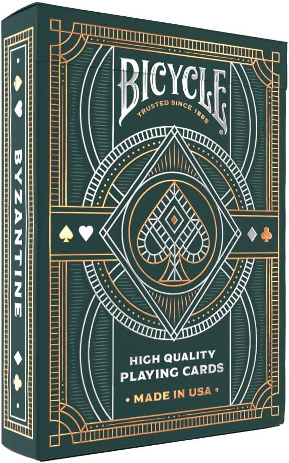 Timeless, elegant line work fills every inch of Bicycle Byzantine Playing Cards. Bring a heightened level of sophistication to your next game night with striking gold and silver foil highlights on the tuck, and fully custom court card and card back designs.