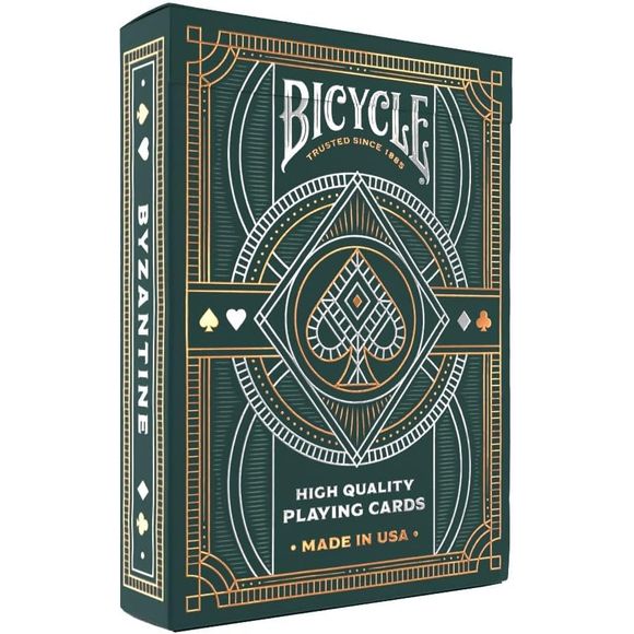 Timeless, elegant line work fills every inch of Bicycle Byzantine Playing Cards. Bring a heightened level of sophistication to your next game night with striking gold and silver foil highlights on the tuck, and fully custom court card and card back designs.