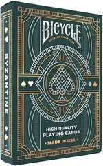Timeless, elegant line work fills every inch of Bicycle Byzantine Playing Cards. Bring a heightened level of sophistication to your next game night with striking gold and silver foil highlights on the tuck, and fully custom court card and card back designs.