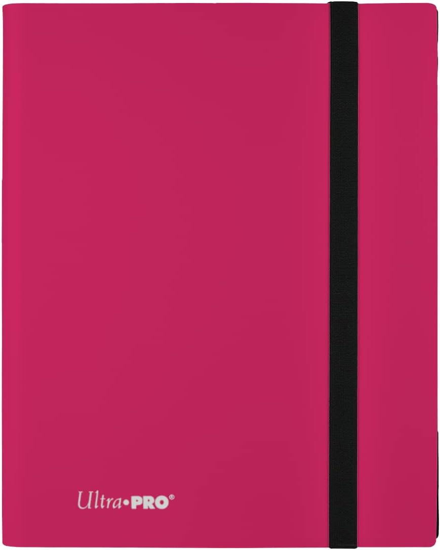 9-pocket Hot Pink PRO-Binder with embossed middle black web material gives cards a classic framed look. Side loading pocket design to prevent cards from easily falling out. Elastic strap holds the binder shut when not in use. All materials made from archival-safe, acid-free non-PVC material. Holds 360 cards in Ultra Pro Deck Protector sleeves.