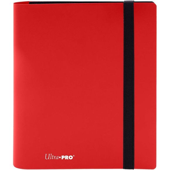 4-pocket Apple Red PRO-Binder with embossed middle black web material gives cards a classic framed look. Side loading pocket design to prevent cards from easily falling out. Elastic strap holds the binder shut when not in use. All materials made from archival-safe, acid-free non-PVC material. Holds 160 cards in Ultra Pro Deck Protector sleeves.