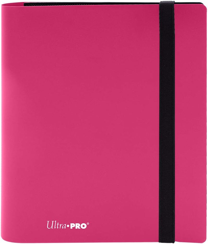 4-pocket Hot Pink PRO-Binder with embossed middle black web material gives cards a classic framed look. Side loading pocket design to prevent cards from easily falling out. Elastic strap holds the binder shut when not in use. All materials made from archival-safe, acid-free non-PVC material. Holds 160 cards in Ultra Pro Deck Protector sleeves.