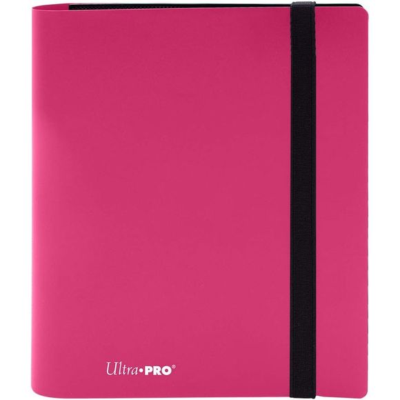 4-pocket Hot Pink PRO-Binder with embossed middle black web material gives cards a classic framed look. Side loading pocket design to prevent cards from easily falling out. Elastic strap holds the binder shut when not in use. All materials made from archival-safe, acid-free non-PVC material. Holds 160 cards in Ultra Pro Deck Protector sleeves.