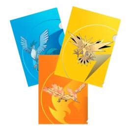 Organize and store your deck lists, tournament notes, and more in Tournament Folios for Pokemon! Each folio features a vibrant, full-art cover of an iconic Pokemon, including Articuno, Zapdos, and Moltres, plus a shiny foil accent of their corresponding energy type. The thumb notch cut-out makes it easy to slide your decklist in and out. 3-Pack comes with one of each Pokemon character cover art. Sized to fit deck lists up to size A4. Measures approximately 8.6" x 12.2".
