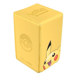 The Alcove Tower Deck Box stores everything you need to play Pokemon TCG! Made with a premium yellow leatherette material, the Alcove Tower holds up to 100 standard size cards double-sleeved in Ultra PRO Deck Protector sleeves. Features dual thumb notches for easy deck access and strong magnetic lid closure with locking mechanism for secure storage. Includes a removable bottom compartment for dice, coins, or other small gaming accessories.