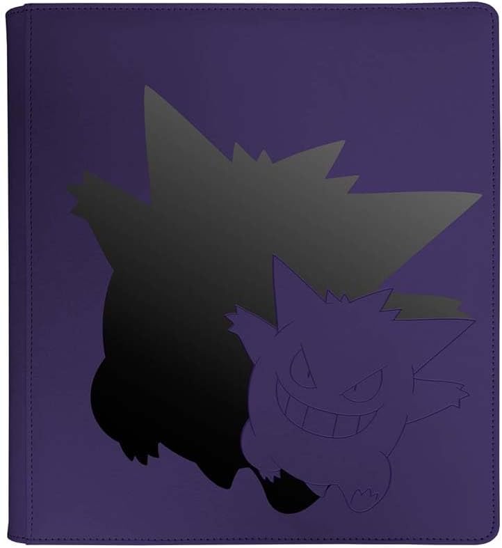 12-Pocket Zippered PRO-Binders for Pokemon feature Gengar and are designed for collecting and organizing playsets of your favorite trading cards. Each binder features a padded leatherette cover with foil detailing and a zipper closure. After unzipping the binder, you'll find twenty 12-pocket pages sized for standard trading cards in side-loading pockets, allowing you to store up to 480 cards in Ultra PRO Deck Protector sleeves. Pages feature a low-friction black backing, creating a separation between the fr