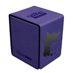 The Alcove Flip Box for Pokemon features a debossed image of Gengar on a leatherette finish with premium foil detailing. A strong magnetic closure keeps your cards safely secured inside, and dual thumb notches offer easy access to your deck. This Deck Box holds up to 100+ standard size trading cards double-sleeved in Ultra PRO Deck Protector sleeves. The lid can be detached from either side of the box to accommodate any play style.