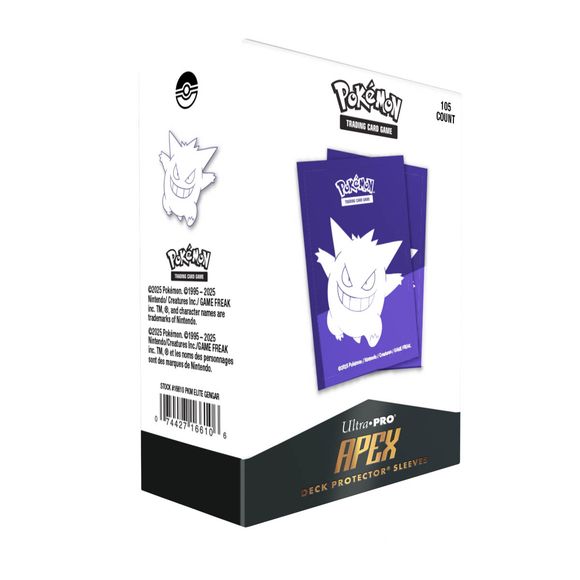 The 105ct APEX Deck Protector Sleeves for Pokemon TCG are made with our new easy-shuffle formulation and feature vibrant Gengar artwork on a textured back. Archival-safe polypropylene materials ensure you can sleeve your cards with confidence, and the gloss clear front allows your foil cards to shine! Sized for standard size trading cards measuring 2.5 in. x 3.5 in.