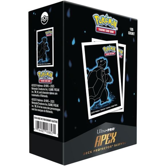 These 105 Pokemon Trading Card Game sleeves, part of the APEX Deck Protector series, boast a new, smooth shuffling formula and striking Blastoise artwork on a textured, dark background. Crafted with archival-safe polypropylene, they safeguard your cards and showcase foil cards through their glossy, clear front. Sized perfectly for standard trading cards at 2.5 inches by 3.5 inches.