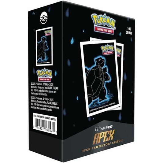 These 105 Pokemon Trading Card Game sleeves, part of the APEX Deck Protector series, boast a new, smooth shuffling formula and striking Blastoise artwork on a textured, dark background. Crafted with archival-safe polypropylene, they safeguard your cards and showcase foil cards through their glossy, clear front. Sized perfectly for standard trading cards at 2.5 inches by 3.5 inches.