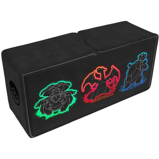 Carry your most potent decks to your next gaming session with the Neon Kanto Alcove Vault Deck Box designed for the Pokemon Trading Card Game. This robustly constructed box safeguards and stores up to three separate decks of cards, encased in Deck Protector sleeves. Each side compartment can accommodate up to 100 sleeved standard-sized cards (2.5" x 3.5") and features convenient finger notches for easy deck removal. The central compartment can hold an additional deck or store gaming accessories like dice, t
