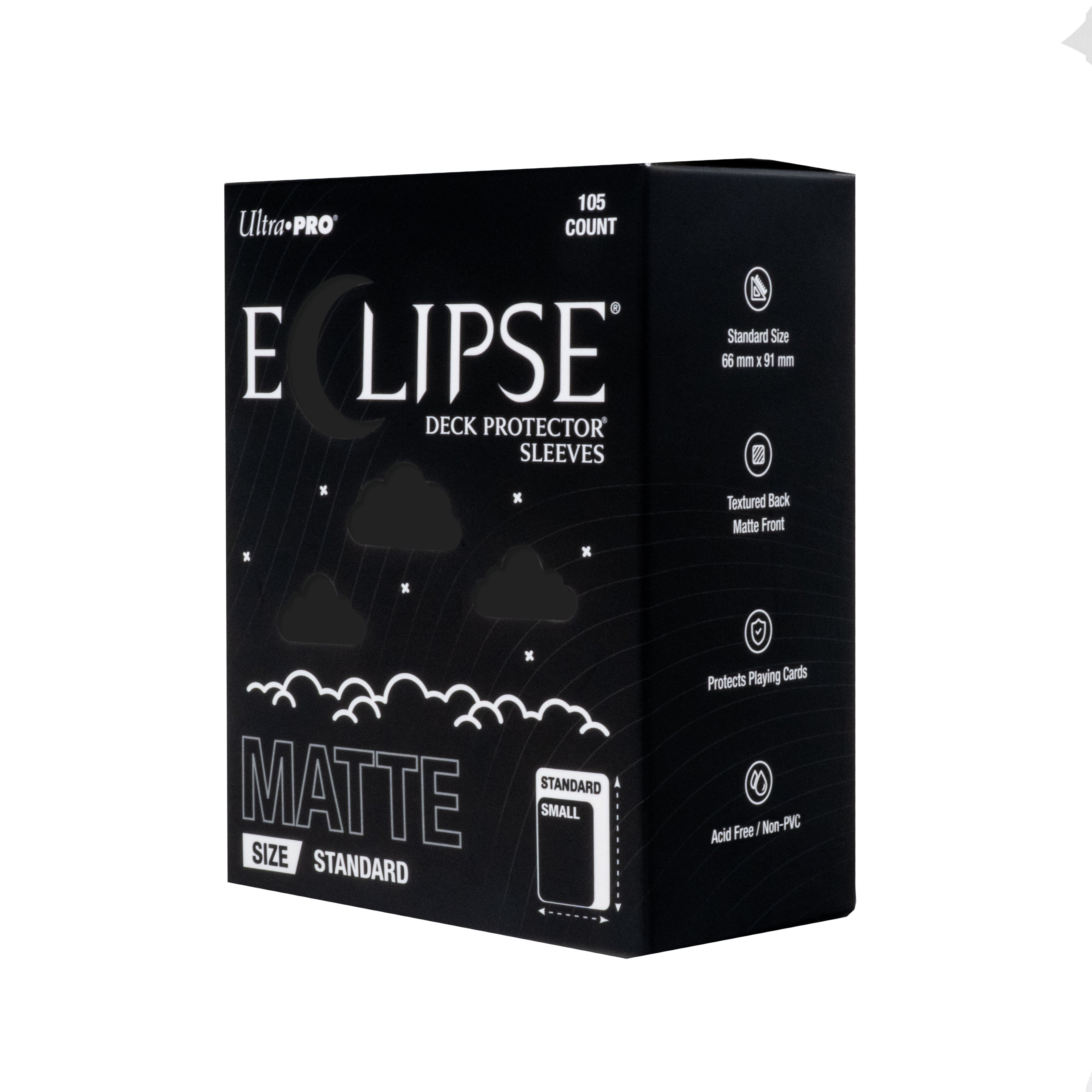 The next evolution of Ultra PRO's legendary ECLIPSE DECK PROTECTOR sleeves is here. Experience the enhanced texture, optimized shuffle feel, and the rigorously tested, consistent quality of the latest ECLIPSE formulation. Designed for competitive play and archival collections, ECLIPSE DECK PROTECTOR sleeves feature fully-opaque backings and split-resistant seals. ECLIPSE DECK PROTECTOR sleeves are available in matte and gloss fronts, standard and small sizes, and 10 vibrant colors.