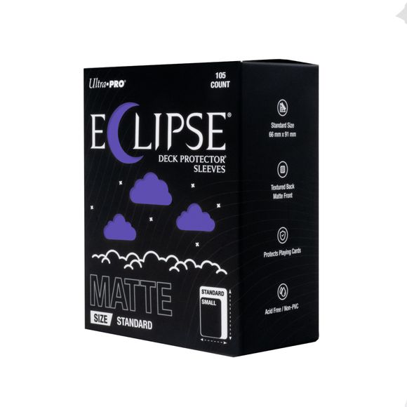 The next evolution of Ultra PRO's legendary ECLIPSE DECK PROTECTOR sleeves is here. Experience the enhanced texture, optimized shuffle feel, and the rigorously tested, consistent quality of the latest ECLIPSE formulation. Designed for competitive play and archival collections, ECLIPSE DECK PROTECTOR sleeves feature fully-opaque backings and split-resistant seals. ECLIPSE DECK PROTECTOR sleeves are available in matte and gloss fronts, standard and small sizes, and 10 vibrant colors.