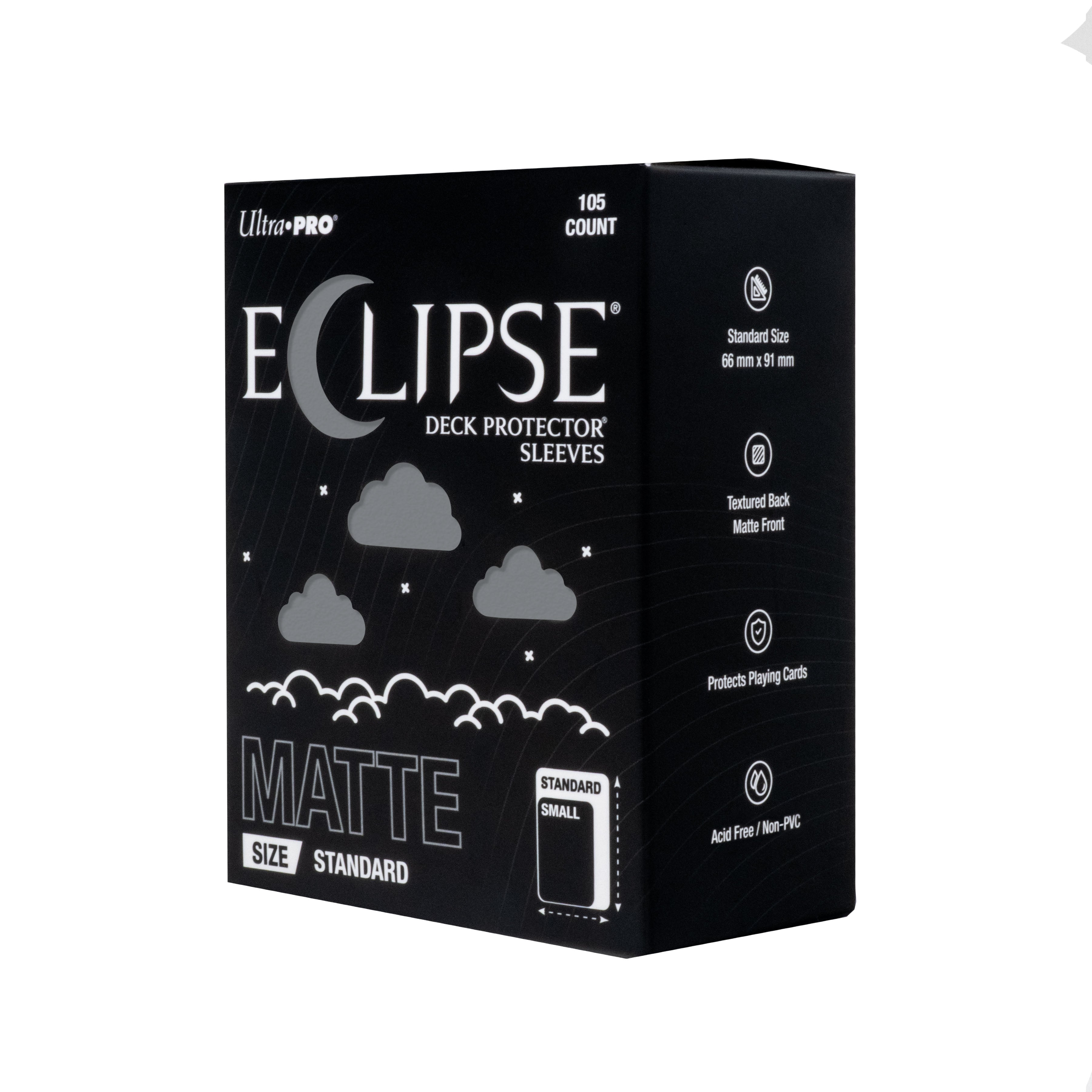 The next evolution of Ultra PRO's legendary ECLIPSE DECK PROTECTOR sleeves is here. Experience the enhanced texture, optimized shuffle feel, and the rigorously tested, consistent quality of the latest ECLIPSE formulation. Designed for competitive play and archival collections, ECLIPSE DECK PROTECTOR sleeves feature fully-opaque backings and split-resistant seals. ECLIPSE DECK PROTECTOR sleeves are available in matte and gloss fronts, standard and small sizes, and 10 vibrant colors.