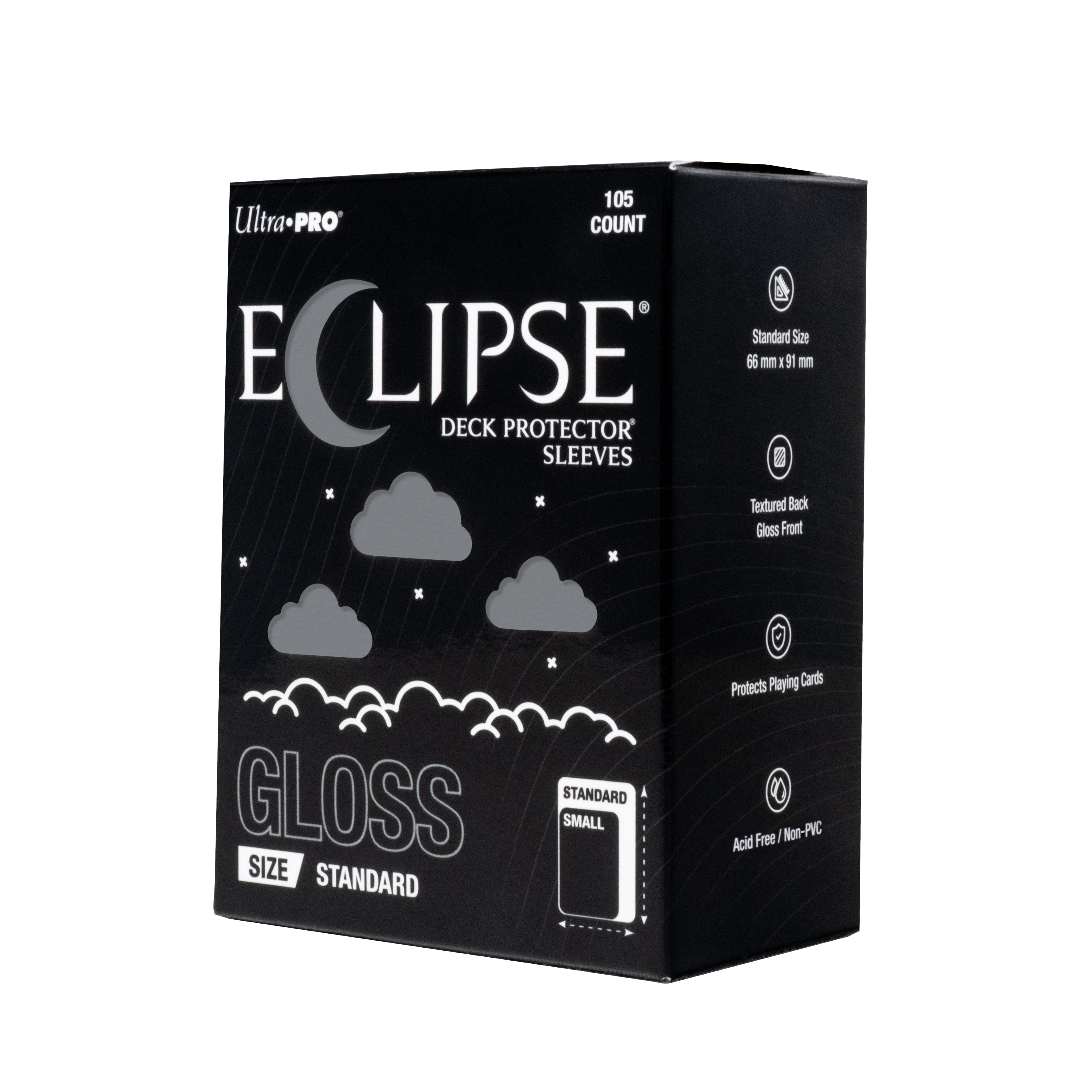 The next evolution of Ultra PRO's legendary ECLIPSE DECK PROTECTOR sleeves is here. Experience the enhanced texture, optimized shuffle feel, and the rigorously tested, consistent quality of the latest ECLIPSE formulation. Designed for competitive play and archival collections, ECLIPSE DECK PROTECTOR sleeves feature fully-opaque backings and split-resistant seals. ECLIPSE DECK PROTECTOR sleeves are available in matte and gloss fronts, standard and small sizes, and 10 vibrant colors.