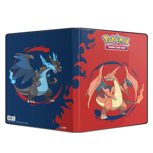 The 9-Pocket Portfolio for the Pokemon Trading Card Game features a vibrant, full-art cover of Mega Charizard X and Mega Charizard Y. Each portfolio stores and protects 180 standard size cards in 10 archival-safe pages. Made in California, U.S.A.