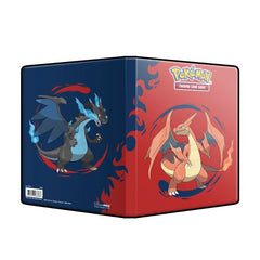 The 4-Pocket Portfolio for the Pokemon Trading Card Game features a vibrant, full-art cover of Mega Charizard X and Mega Charizard Y. Each portfolio stores and protects 80 standard size cards and 4 oversized cards in archival safe pages. Made in California, U.S.A.