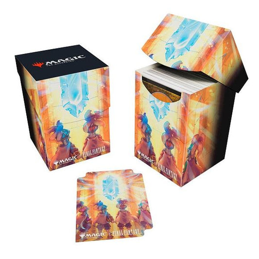100+ Deck Boxes for Magic: The Gathering(R) --- FINAL FANTASY feature a vibrant, full-color artwork and includes a deck divider. Made with archival-safe, non-PVC, rigid polypropylene materials, you can store up to 100 double-sleeved cards with confidence. The self-locking lid keeps your cards securely stored when not in use, while also offering easy access. Sized for standard size trading cards.