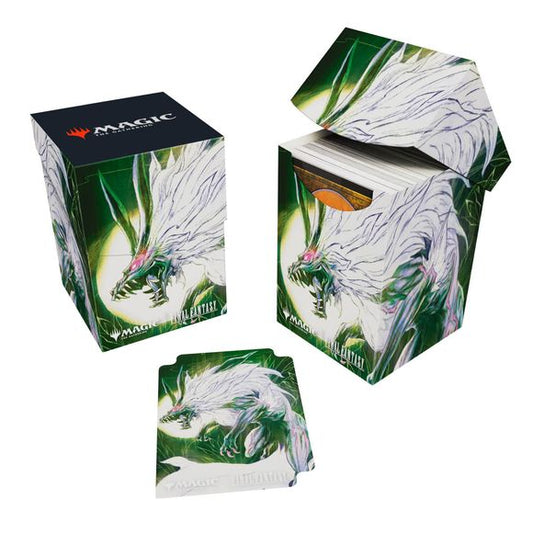 100+ Deck Boxes for Magic: The Gathering(R) --- FINAL FANTASY feature a vibrant, full-color artwork and includes a deck divider. Made with archival-safe, non-PVC, rigid polypropylene materials, you can store up to 100 double-sleeved cards with confidence. The self-locking lid keeps your cards securely stored when not in use, while also offering easy access. Sized for standard size trading cards.