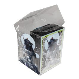 100ct Deck Protector Sleeves in Clear Box includes 100 Deck Protector sleeves, a transparent plastic 100+ Deck Box, and a deck divider, all featuring aligning artwork from Edge of Eternities. The sleeves are made using Ultra PRO's proprietary ChromaFusion technology to minimize delamination, and the 100+ Deck Box and divider are made from a clear rigid polypropylene material. All materials are non-PVC and archival-safe to provide premium protection.