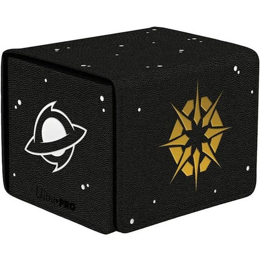 Premium Alcove Edge Deck Box with Interior Printings feature a stunning, spot foil and textured leatherette exterior finish with vibrant full color interior flap printing, strong magnetic closure, and dual thumb notches for easy access to your deck. This deck box holds up to 100 standard size trading cards double-sleeved in Ultra PRO Deck Protector sleeves.