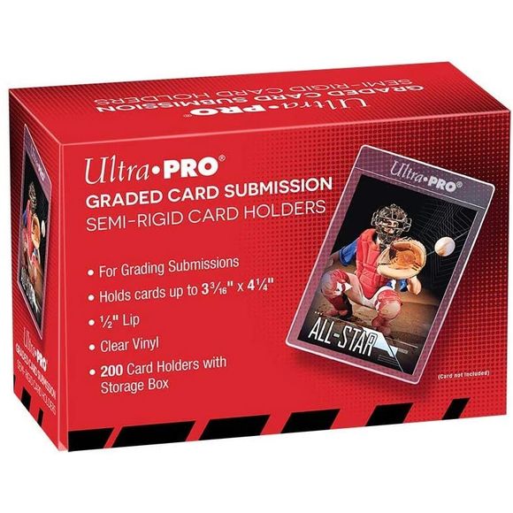 Tall Semi Rigid Card Holders
Graded card submission semi-rigid holders with 1/2" lip. Holds cards up to 3-3/16" x 4-1/4" (80.962mm x 107.95mm). 200-count box.