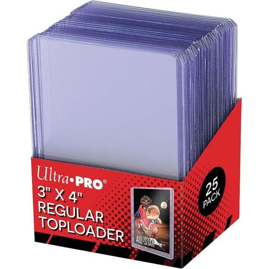 Super clear, regular 3" x 4" Toploader and Sleeve combo for standard size cards (2-1/2" x 3-1/2"). Toploader is made of rigid plastic that encloses the card and keeps it clean while preventing damage. Sleeve adds extra protection and is archival-grade, Non-PVC / Acid Free. Packs of 25.