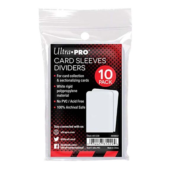 These Ultra Pro Semi-Rigid white plastic dividers are used for index card collections and sectionalizing cards. They are archival safe and come 10 per pack.