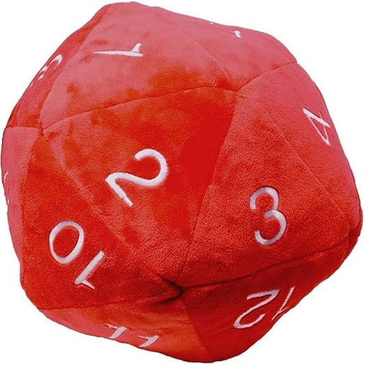 Roll big or go home! This soft jumbo 20-sided dice plush is the perfect addition to casual gaming sessions. Also great for kids and as the conversation centerpiece in your next geek gathering! Made with red ultra-soft, fuzzy fabric with stitched on numbers in white. Measures approximately 10" in diameter and each side is reinforced with felt backing for improved shape retention.