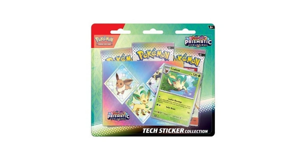 Stick Together with Eevee Evolutions! Cute yet majestic, Eevee's three most recently discovered Evolutions should not be underestimated in battle! Join forces with Leafeon, Glaceon, or Sylveon as a foil promo card, then decorate your computer, tablet, or phone with durable tech stickers! You also get three booster packs from the special Scarlet & Violet- Prismatic Evolutions expansion, just waiting to be opened and added to your collection. The Pokemon TCG: Scarlet & Violet- Prismatic Evolutions Tech Sticke