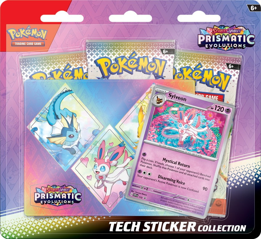 Stick Together with Eevee Evolutions! Cute yet majestic, Eevee's three most recently discovered Evolutions should not be underestimated in battle! Join forces with Leafeon, Glaceon, or Sylveon as a foil promo card, then decorate your computer, tablet, or phone with durable tech stickers! You also get three booster packs from the special Scarlet & Violet- Prismatic Evolutions expansion, just waiting to be opened and added to your collection. The Pokemon TCG: Scarlet & Violet- Prismatic Evolutions Tech Sticke