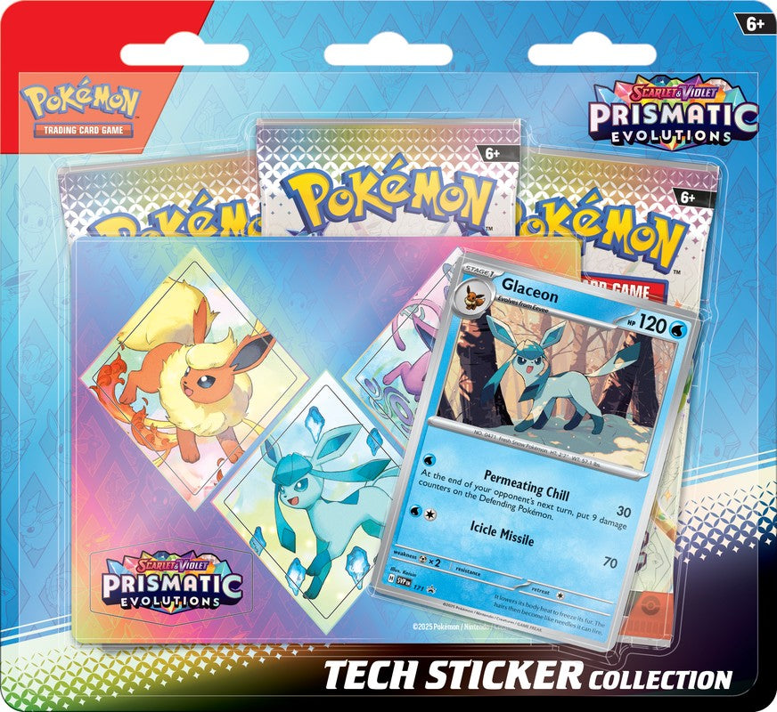 Stick Together with Eevee Evolutions! Cute yet majestic, Eevee's three most recently discovered Evolutions should not be underestimated in battle! Join forces with Leafeon, Glaceon, or Sylveon as a foil promo card, then decorate your computer, tablet, or phone with durable tech stickers! You also get three booster packs from the special Scarlet & Violet- Prismatic Evolutions expansion, just waiting to be opened and added to your collection. The Pokemon TCG: Scarlet & Violet- Prismatic Evolutions Tech Sticke