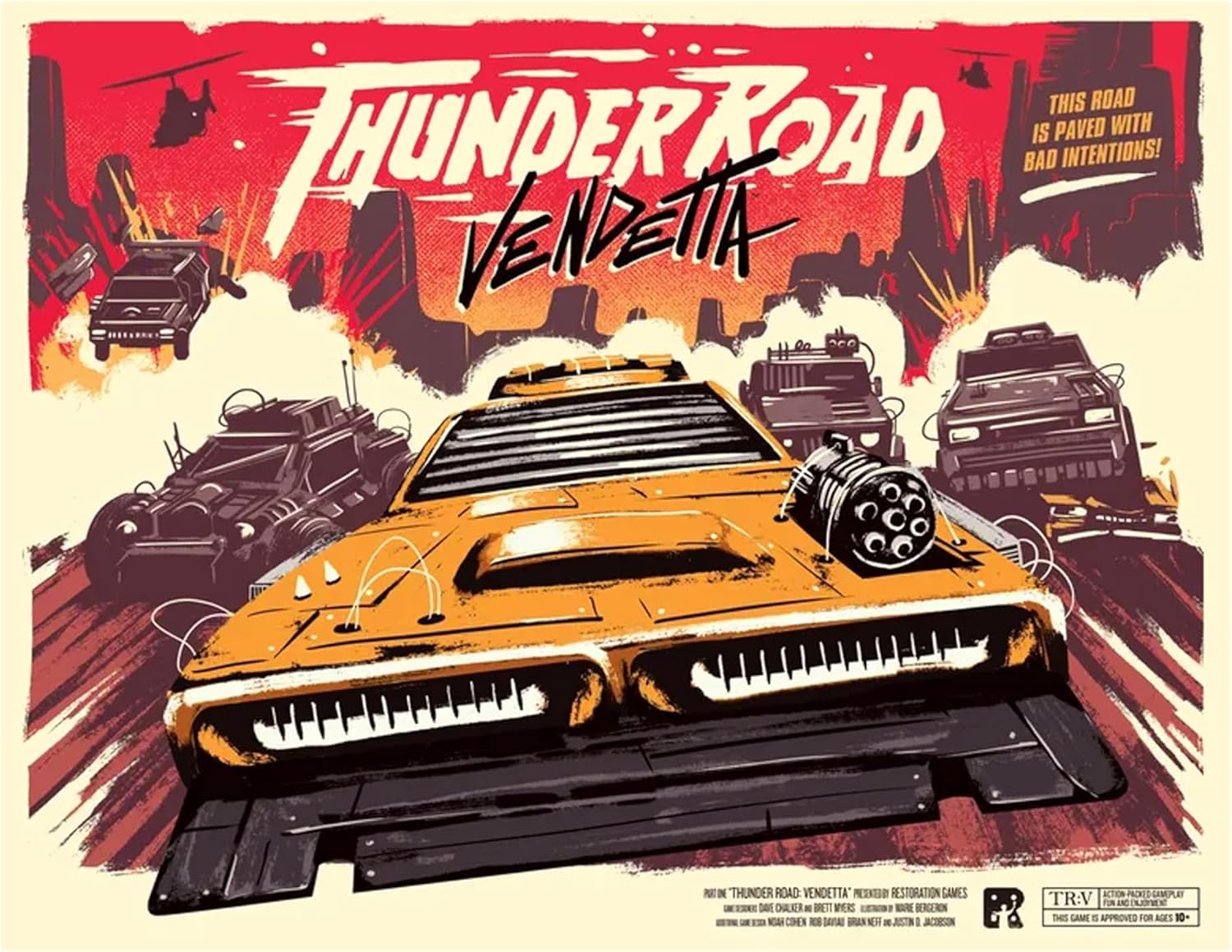 Thunder Road: Vendetta is a revved-up restoration of the classic 1986 game of mayhem on the asphalt. Grab your crew, roll your dice, race your cars, shoot your guns, and try not to get wrecked. This new version features exciting new additions, including random hazard tokens, such as wrecks, oil slicks, and more.Damage isn't merely one and done. Now, you'll draw damage tokens with exciting effects that can send your car careening across the board. You'll also have more choices on your turn, assigning one of