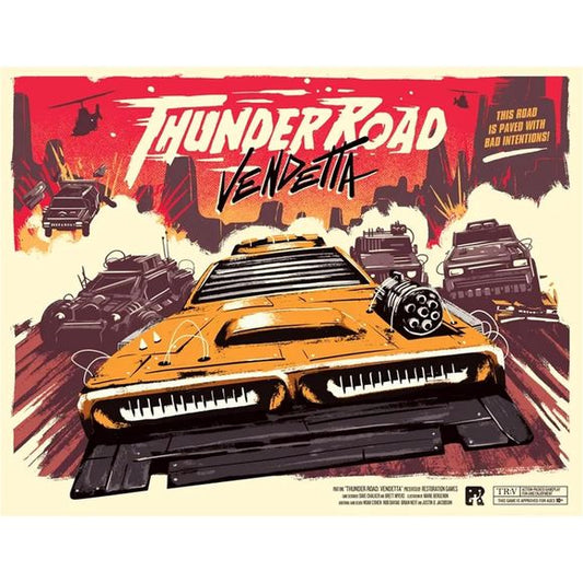 Thunder Road: Vendetta is a revved-up restoration of the classic 1986 game of mayhem on the asphalt. Grab your crew, roll your dice, race your cars, shoot your guns, and try not to get wrecked. This new version features exciting new additions, including random hazard tokens, such as wrecks, oil slicks, and more.Damage isn't merely one and done. Now, you'll draw damage tokens with exciting effects that can send your car careening across the board. You'll also have more choices on your turn, assigning one of