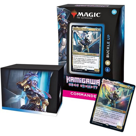 The Buckle Up Kamigawa: Neon Dynasty Commander Deck includes 1 ready-to-play deck of 100 Magic cards (2 traditional foil, 98 nonfoil), 1 foil-etched Display Commander (a thick cardstock copy of the commander card with textured foil etched into the card’s border and art), 10 double-sided tokens, 1 deck box (can hold 100 sleeved cards), 1 life tracker, and 1 reference card.
Choose the White-Blue deck and ride into battle with Kotori, an ace pilot of the best futuristic mechs Kamigawa has to offer.
Use a