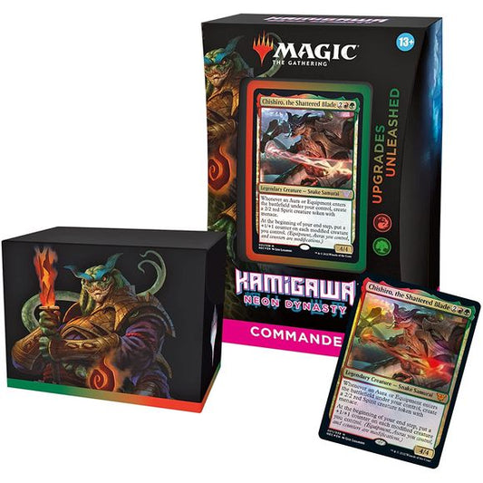 The Upgrades Unleashed Kamigawa: Neon Dynasty Commander Deck set includes 1 ready-to-play deck of 100 Magic cards (2 traditional foil, 98 nonfoil), 1 foil-etched Display Commander (a thick cardstock copy of the commander card with textured foil etched into the card’s border and art), 10 double-sided tokens, 1 deck box (can hold 100 sleeved cards), 1 life tracker, and 1 reference card.
Choose the Red-Green deck and hone your strength with Chishiro, the Shattered Blade. Chishiro likes to modify your creatu