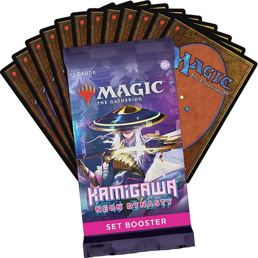 Each Set Booster contains 12 Magic cards, 1 Art Card, and 1 token, ad card, Helper card, or special card from Magic's history (a card from "The List"). Each pack contains a combination of 1–4 cards of rarity Rare or higher, 2–7 Uncommons, 3–8 Common cards, and 1 Land card. One non–Art Card and non–Land card of any rarity is traditional foil, the Land card is traditional foil in 21% of packs, and a foil-stamped Signature Art Card replaces the Art Card in 5% of Set Boosters. A card from The List replaces the