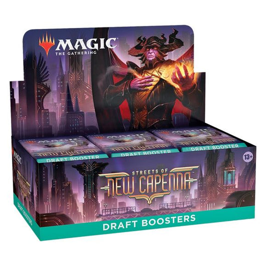 Release Date: 
4/29/22
36 Streets of New Capenna MTG Draft Boosters + 1 foil box topper card
The best SNC packs for booster draft play—just draft, add lands, and play
15 Magic cards per Draft Booster
1 Rare or Mythic Rare card in every pack
Join one of five powerful families and build your criminal empire