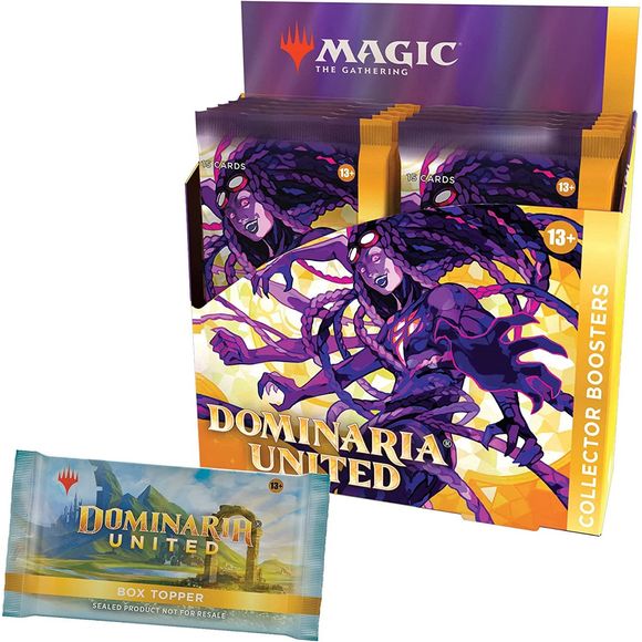 The Dominaria United Collector Booster Box contains 12 Dominaria United Collector Boosters and 1 Traditional Foil Box Topper card.

Each Collector Booster contains 15 Magic: The Gathering cards and 1 Traditional Foil double-sided token, with a combination of 5–6 cards of rarity Rare or higher and 4–5 Uncommon, 4 Common, and 1 Land cards, with a total of 10–13 foil cards. Foil Borderless Mythic Rare Planeswalker in 2% of boosters.  In 3% of collector booster packs, a card of random rarity from 1994's Legen