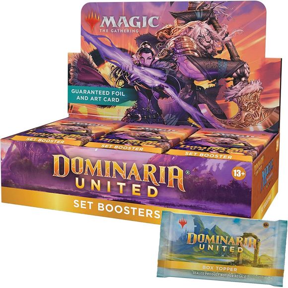 The Dominaria United Set Booster Box contains 30 Dominaria United Set Boosters and 1 Traditional Foil Box Topper card.
Each Set Booster contains 12 Magic cards, 1 Art Card, and 1 token/ad card or card from “The List” (a special card from Magic's history—found in 25% of packs).
Every pack includes a combination of 1–4 card(s) of rarity Rare or higher and 4–7 Uncommon, 3–6 Common, and 1 Land cards. Traditional Foil Land replaces Land card in 21% of Set Boosters. Foil-Stamped Signature Art Card replaces
