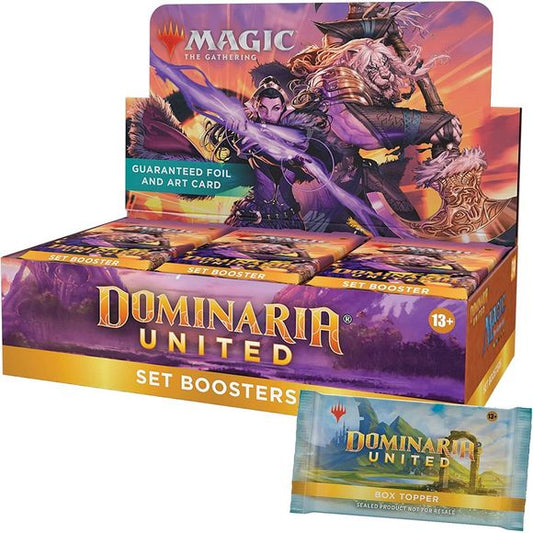 The Dominaria United Set Booster Box contains 30 Dominaria United Set Boosters and 1 Traditional Foil Box Topper card.
Each Set Booster contains 12 Magic cards, 1 Art Card, and 1 token/ad card or card from “The List” (a special card from Magic's history—found in 25% of packs).
Every pack includes a combination of 1–4 card(s) of rarity Rare or higher and 4–7 Uncommon, 3–6 Common, and 1 Land cards. Traditional Foil Land replaces Land card in 21% of Set Boosters. Foil-Stamped Signature Art Card replaces