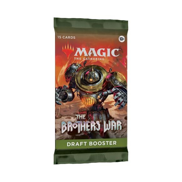 The Brothers’ War Draft Booster Box contains 36 The Brothers’ War Draft Boosters. Each Draft Booster contains 15 cards and 1 token/ad card, including 1 card of rarity Rare or higher, 1 card of rarity Uncommon or higher, 3 Uncommon cards, and 10 Common cards. Traditional Foil Borderless Mythic Planeswalker in <1% of boosters. Full-Art Mech Basic Land card replaces a Common in 25% of boosters. Traditional Foil of any rarity replaces a Common in 33% of boosters.