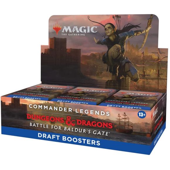 Draft a Commander Deck in the world of Dungeons & Dragons. The Commander Legends: Battle for Baldur’s Gate Draft Booster Box contains 24 Commander Legends: Battle for Baldur’s Gate Draft Boosters. Each Draft Booster contains 20 Magic cards and 1 token/ad card, with a combination of 1–4 card(s) of rarity Rare or higher (2: 37%; 3: 6%; 4: <1%), 3–6 Uncommon, and 13–15 Common cards. 1 card of any rarity is Traditional Foil. Traditional Foil Borderless Mythic Planeswalker in <1% of boosters.